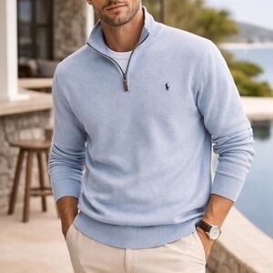 Polo Ralph Lauren Light Blue Quarter Zip Sweater XXL Cotton Acrylic Knit Pullove